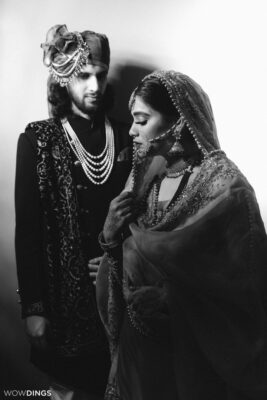 Beautiful artistic black and white fine art portrait of a muslim couple at their wedding in delhi