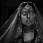 Mesmerising Muslim fine art editorial bridal portrait in black and white at a muslim wedding in delhi