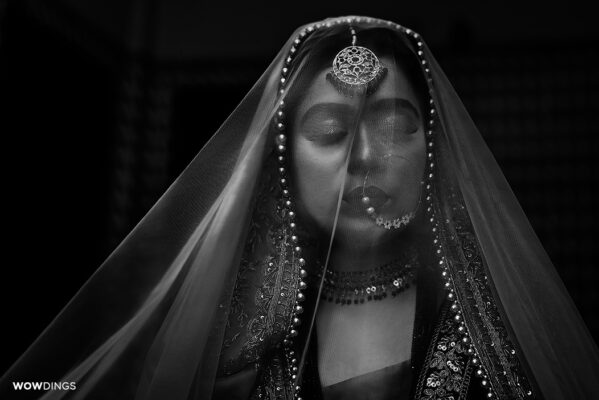 Mesmerising Muslim fine art editorial bridal portrait in black and white at a muslim wedding in delhi