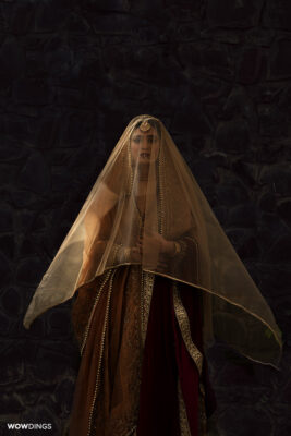 Gorgeous muslim bride fine art editorial portrait under veil at a delhi wedding