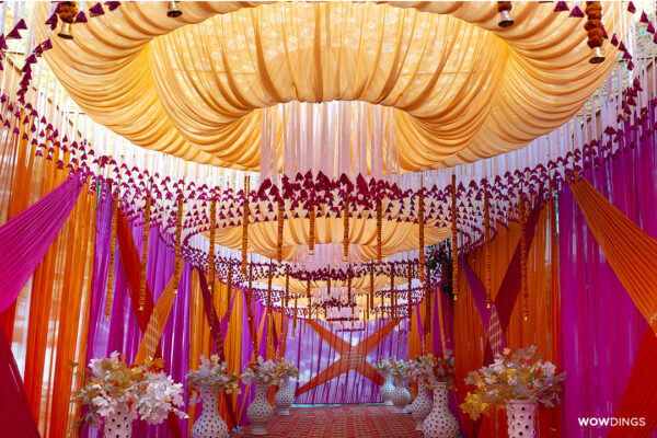 Red Purple Orange yellow colourful wedding Decor at a Muslim Wedding in Delhi