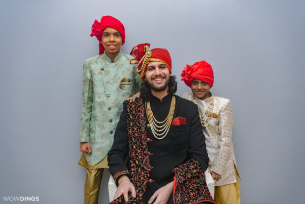 Happy Muslim groom with his brothers at his wedding day in Delhi