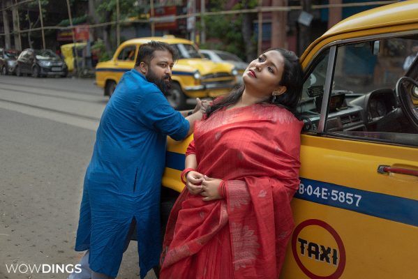 bengali couple photography in yellow taxi kolkata