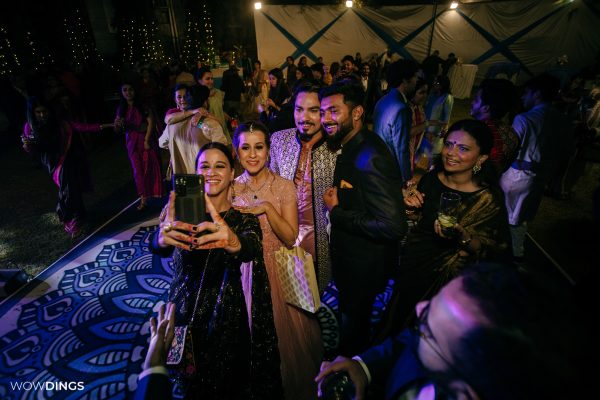 sarah Hasmi taking selfie with friends at her wedding Sangeet/ Cocktail Event