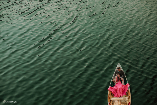 couple at phewa lake aerial shoot
